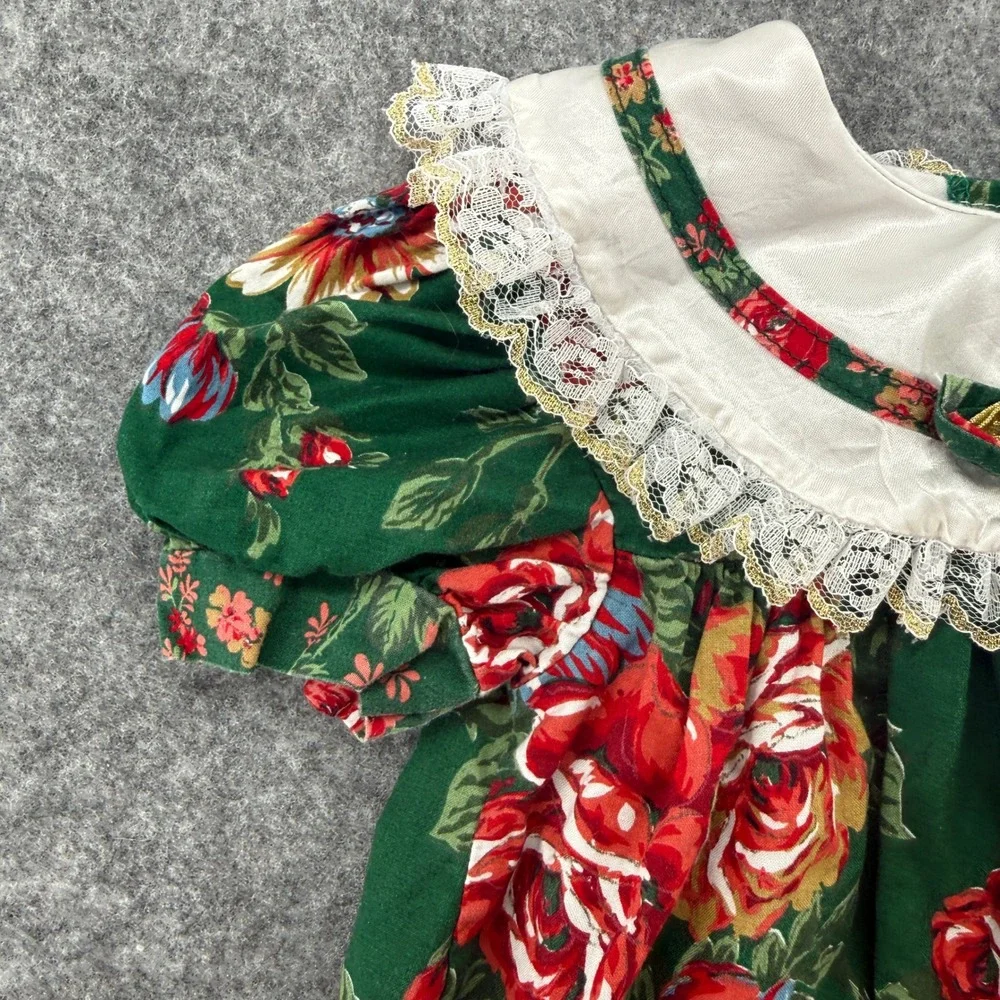 Jo Lene Floral Rose Dress Kids Size 2T Green Red Lace Trim Vintage Style USA